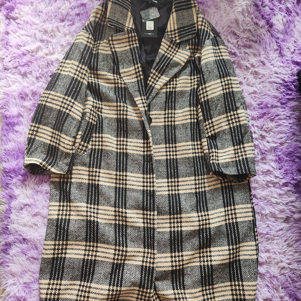 Fashion Nova Black and Cream Plaid Trench Coat